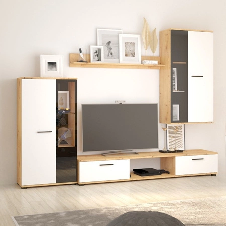 Meblościanka Senja dąb artisan / biała nowoczesny design witryna stojąca i wisząca półki z bezpiecznego szkła hartowanego