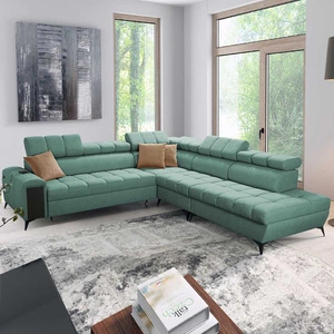 Narożnik z funkcją spania Bolmso IX miętowy prawostronny komfortowy narożnik do salonu z szufladą pojemniki na pościel stylowy design