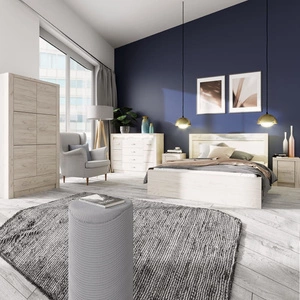 Zestaw mebli do sypialni Indiana jesion jasny wyszukana stylistyka mebli ozdobna deska na frontach oświetlona LED subtelne srebrne uchwyty
