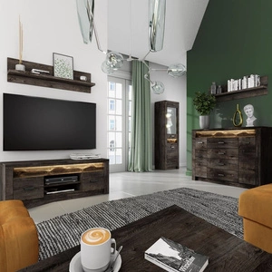 Zestaw mebli do salonu Indiana jesion ciemny elegancka stylistyka mebli ozdobna deska na froncie oświetlona LED elementy z bezpiecznego szkła