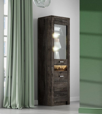 Witryna Indiana 56 cm jesion ciemny stylowa witryna do salonu elementy z bezpiecznego szkła ozdobna deska na froncie witryny oświetlona LED