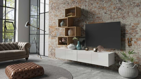 Meblościanka Apulia XXX biały połysk / dąb złoty wyjątkowo stylowa meblościanka proste bryły wpisujące się w każde wnętrze