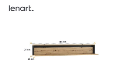 Półka Quant 155 cm dąb artisan / czarny oryginalny design praktyczna półka na ścianę do salonu jadalni lub pokoju dziennego