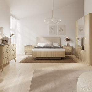 Zestaw mebli do sypialni Viki dąb barista stylowe meble o nowoczesnym designie drewniane dodatki zaoblone boki tapicerowany zagłówek