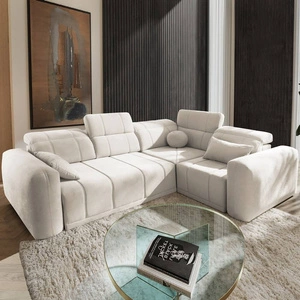 Narożnik z funkcją spania Cetara II kremowy prawostronny stylowy design przesuwane oparcia regulowane zagłówki i pojemnik na pościel