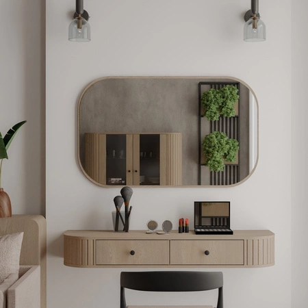 Lustro wiszące Ovalio 68 cm dąb cremona funkcjonalny dodatek do toaletki przedpokoju oraz garderoby lustro o nietypowym kształcie