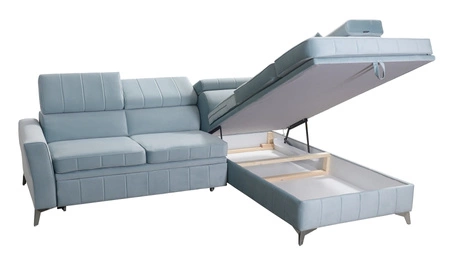 Narożnik z funkcją spania Rava III lawendowy róż prawostronny velvet komfortowy narożnik z regulowanymi zagłówkami i pojemnikiem na pościel