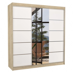 Szafa przesuwna z lustrem Bergen 200 cm dąb sonoma jasny / biały klasyczna forma dekoracyjne listwy na frontach szafy do przedpokoju