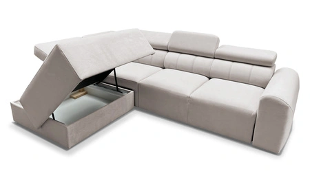 Narożnik z funkcją spania Cantare VII łososiowy lewostronny narożnik z pojemnikiem na pościel wykonany z trwałej tkaniny typu plusz