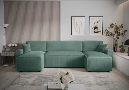 Narożnik z funkcją spania Brandon U Bis patynowy pojemnik na pościel trójwymiarowa tkanina o wyrazistych prążkach miękkie podłokietniki