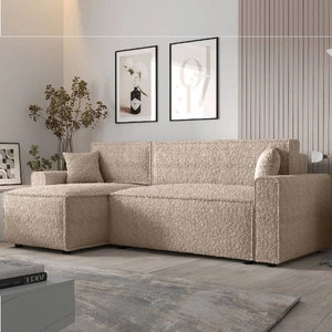 Narożnik z funkcją spania Brandon Bis beżowy lewostronny miękka tkanina o charakterystycznej pętelkowej powierzchni pojemnik na pościel