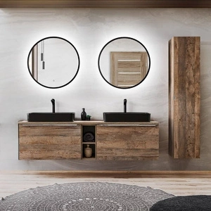 Zestaw mebli łazienkowych Santa Fe dąb vintage zestaw mebli z szafkami pod umywalki nablatowe metalowe uchwyty krawędziowe