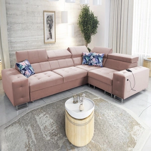 Narożnik z funkcją spania Hampton II kwarcowy róż prawostronny stylowy narożnik rozkładany miękka tkanina obiciowa typu velvet