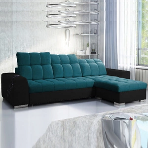 Narożnik z funkcją spania Luigi turkusowy / czarny prawostronny narożnik z dwoma pojemnikami na pościel tkanina o ciekawej strukturze