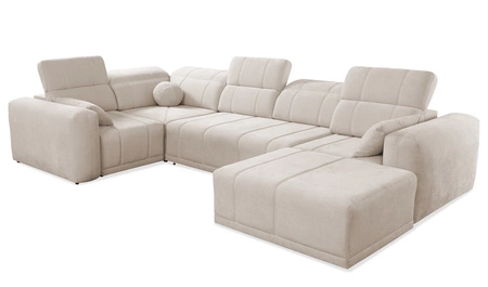 Narożnik z funkcją spania Cetara IV szary prawostronny stylowy design narożnika z przesuwanymi oparciami dwa pojemniki na pościel