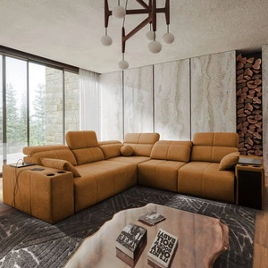 Narożnik z funkcją spania Tesalia III miodowy prawostronny komfortowy narożnik z przesuwanym oparciem dwa pojemniki na pościel