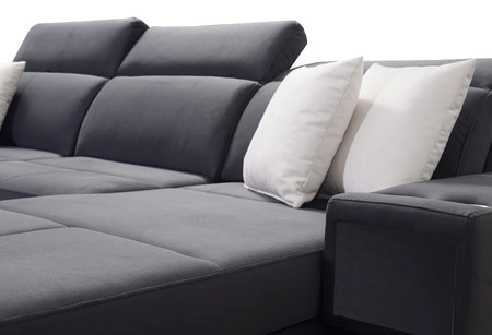 Narożnik z funkcją spania Elgin ecru prawostronny narożnik z regulowanymi zagłówkami praktyczne szuflady w boczkach mebla