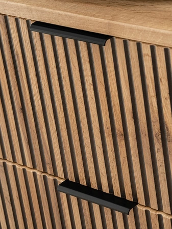 Zestaw mebli łazienkowych Xilo czarny / dąb wotan stylowe szafki do łazienki z eleganckim pionowym ryflowaniem uchwyty krawędziowe