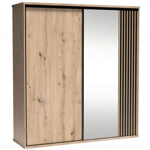 Szafa przesuwna z lustrem Cali 199 cm dąb artisan / czarny stylowa szafa z lamelami w kolorze drewna idealna szafa do sypialni czy garderoby