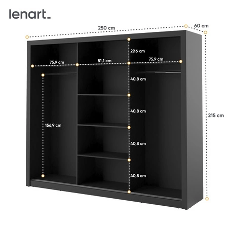 Szafa przesuwna z lustrem Arti 250 cm czarna pojemna szafa do sypialni przedpokoju lub garderoby drzwi szafy wykończone dużymi lustrami