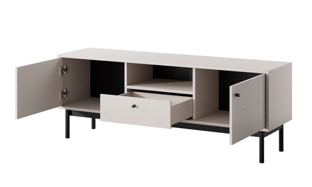 Zestaw mebli Modesta beżowy minimalistyczny design podkreślony subtelną kolorystyką ryflowane szkło hartowane wysokie drewniane nogi