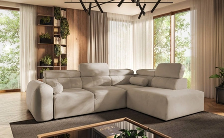 Narożnik z funkcją spania Cantare VII beżowy prawostronny narożnik z pojemnikiem na pościel wykonany z trwałej tkaniny typu plusz