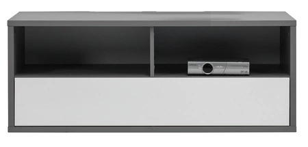 Zestaw mebli do salonu Yugo w kolorze szary popiel / biały połysk asymetryczne bryły tworzące nowoczesne i funkcjonalne aranżacje