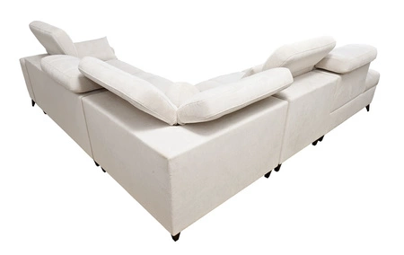 Narożnik z funkcją spania Penejos IX beżowy lewostronny stylowy narożnik z pojemnikami na pościel wygodne regulowane zagłówki