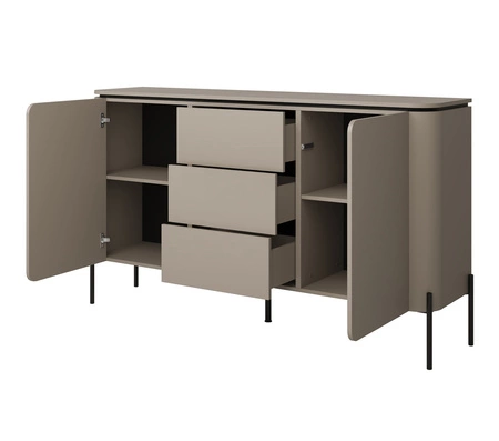 Komoda z szufladami Belle 163 cm ciemny beżowy elegancka komoda o zaokrąglonym kształcie system otwierania push to open metalowe czarne nogi