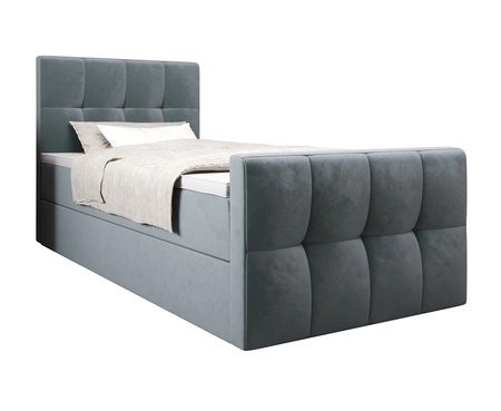 Łóżko kontynentalne Manhattan 120x200 turkusowe w nowoczesnym skandynawskim stylu z tapicerowanym zagłówkiem i zanóżkiem łóżko z pojemnikiem