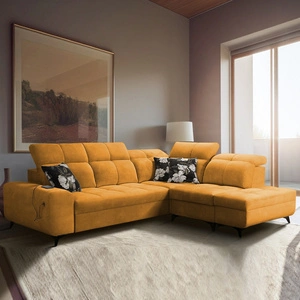 Narożnik z funkcją spania Buffalo VII żółty prawostronny stylowy narożnik rozkładany z pojemnikami na pościel welurowa tkanina