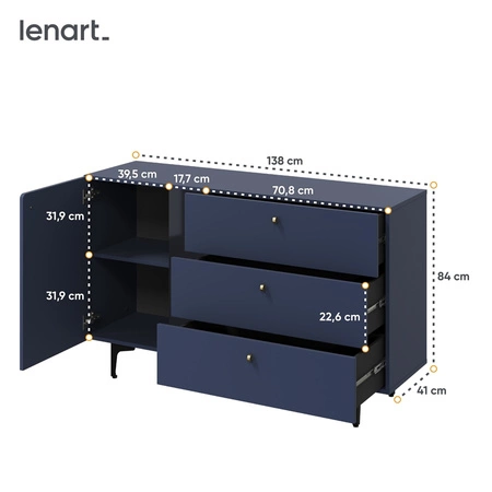 Komoda z szufladami Colours 138 cm granatowa elegancka komoda wsparta na metalowej podstawie oryginalna oraz modna kolorystyka