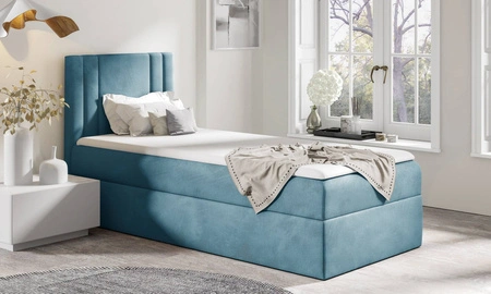 Łóżko kontynentalne Alia 80x200 turkusowe nowoczesny styl idealne łóżko do pokoju dziecięcego subtelne pionowe przeczycia na wezgłowiu