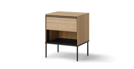 Szafka nocna Visso dąb linearny elegancka i stylowa szafka z szufladą do sypialni w stylu minimalistycznym stabilna metalowa podstawa