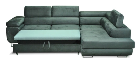 Narożnik z funkcją spania Ganta pudrowy róż prawostronny nowoczesna tkanina welurowa gwarantuje najwyższy komfort i funkcjonalność