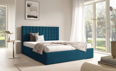 Łóżko tapicerowane Graso 140x200 granatowe nowoczesne i eleganckie łóżko gustowny symetryczny wzór na wezgłowiu pojemnik na pościel
