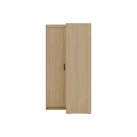 Szafa narożna Rene dąb olejowany stylowy design obrzeża wykończone ABS fronty szafy do sypialni o matowym wykończeniu czarne uchwyty