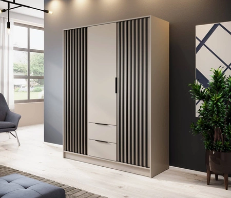 Szafa Aspen 155 cm beżowa / czarne lamele nowoczesny design mebla drzwi szafy ozdobione lamelami