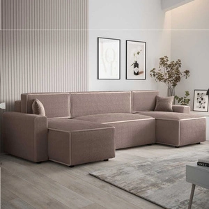 Narożnik z funkcją spania Brandon U Bis jasny brąz pojemnik na pościel trójwymiarowa tkanina o wyrazistych prążkach miękkie podłokietniki