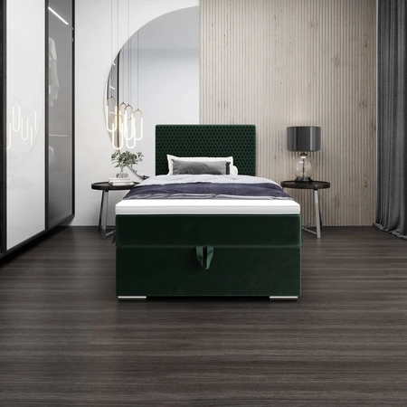 Łóżko kontynentalne Fargo 90x200 butelkowa zieleń w nowoczesnym skandynawskim stylu z tapicerowanym zagłówkiem łóżko z pojemnikiem