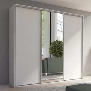 Szafa przesuwna z lustrem Grande 254 cm biała pojemna szafa w nowoczesnej formie wyposażona w aluminiowe prowadnice drzwi