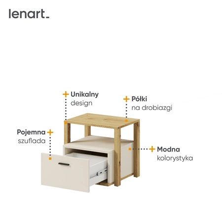 Szafka nocna Lenny beżowy / dąb artisan modna szafka z szufladą stylowy dodatek do pokoju młodzieżowego lub dziecięcego