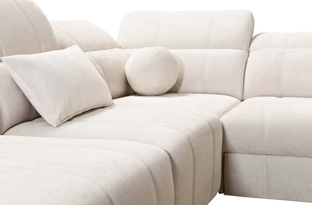 Narożnik z funkcją spania Penejos IX niebieski lewostronny stylowy narożnik z pojemnikami na pościel wygodne regulowane zagłówki