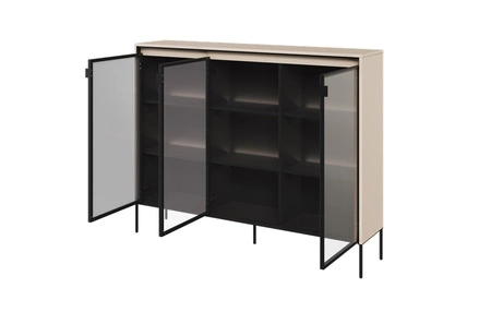 Komoda Trend 150 cm beżowa designerski przeszklony front klimatyczne oświetlenie w postaci paska led pod górnym blatem