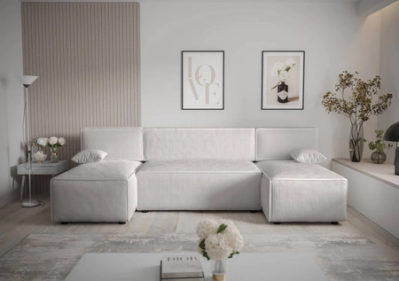 Narożnik z funkcją spania Brandon U kość słoniowa pojemnik na pościel trójwymiarowa tkanina o wyrazistych prążkach