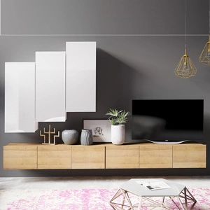 Meblościanka Apulia XX biały połysk / dąb złoty wyjątkowo stylowa meblościanka proste bryły wpisujące się w każde wnętrze