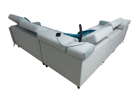 Narożnik z funkcją spania Rava IV błękitny lewostronny velvet komfort podczas codziennego wypoczynku pojemnik na pościel