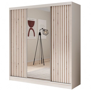 Szafa przesuwna z lustrem Ida 200 cm biała stylowe lamele zdobiące drzwi szafy wnętrze wyposażone w pojemne szuflady