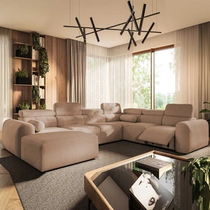 Narożnik z funkcją spania Cantare VIII Lux łososiowy lewostronny designerski narożnik z elektrycznie podnoszonym podnóżkiem