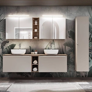 Zestaw mebli łazienkowych Santa Fe szary krzemowy / dąb vintage zestaw mebli z szafkami pod umywalki nablatowe uchwyty krawędziowe